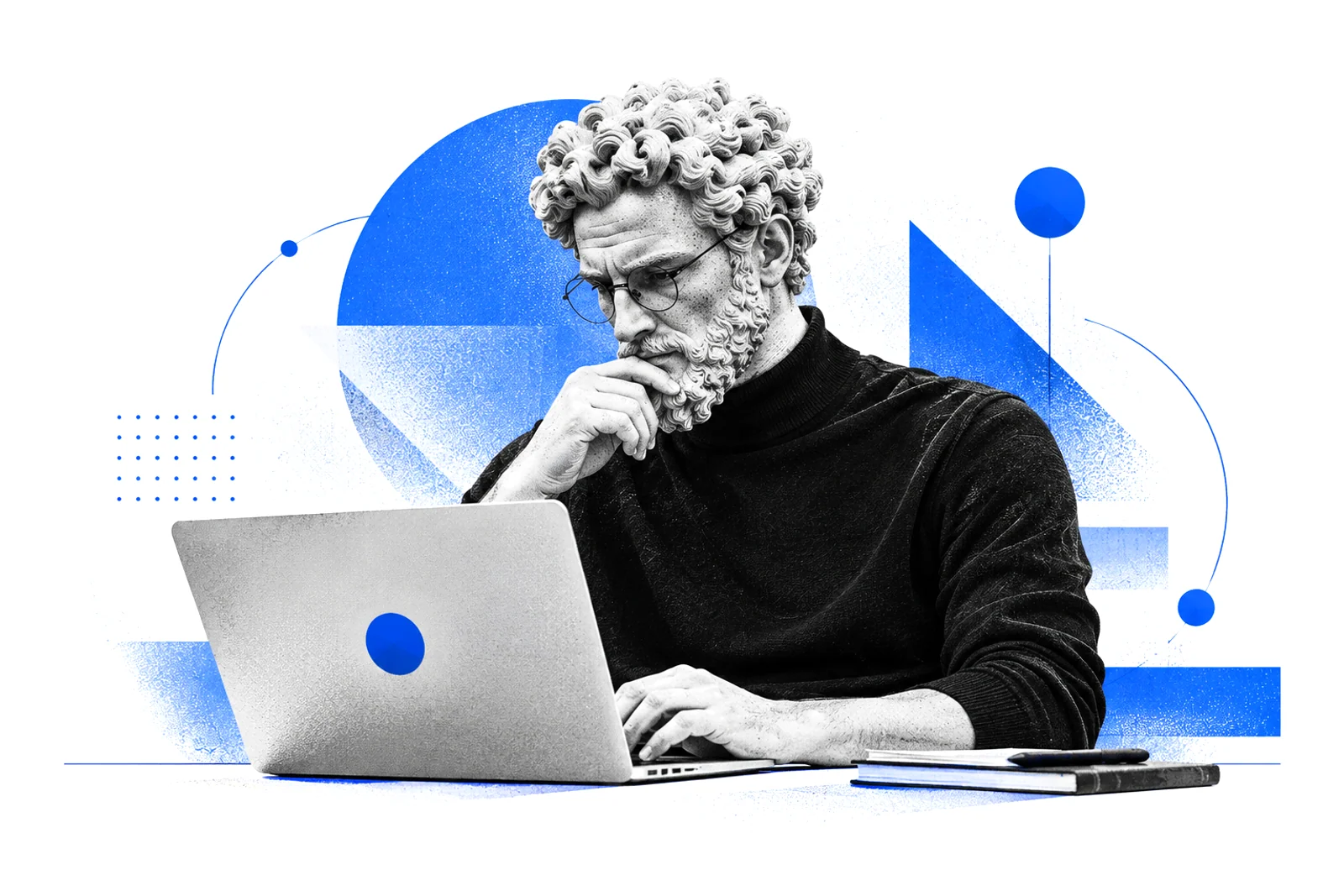 A bearded classical statue in a black turtleneck, chin on hand, working on a laptop against blue geometric shapes
